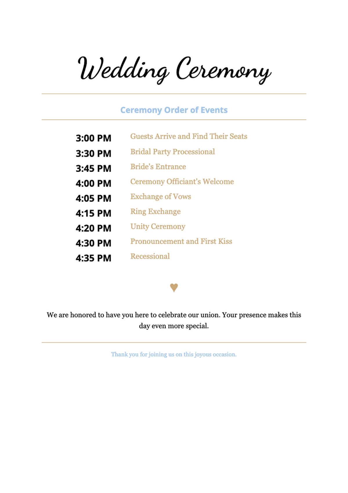 Elegant wedding ceremony order of events program with gold and blue accents_variant_2
